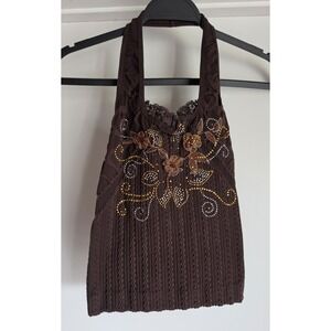 Rainbow VTG Y2K Brown Halter Tank Top One Size Sleeveless Embellished Lace Beads